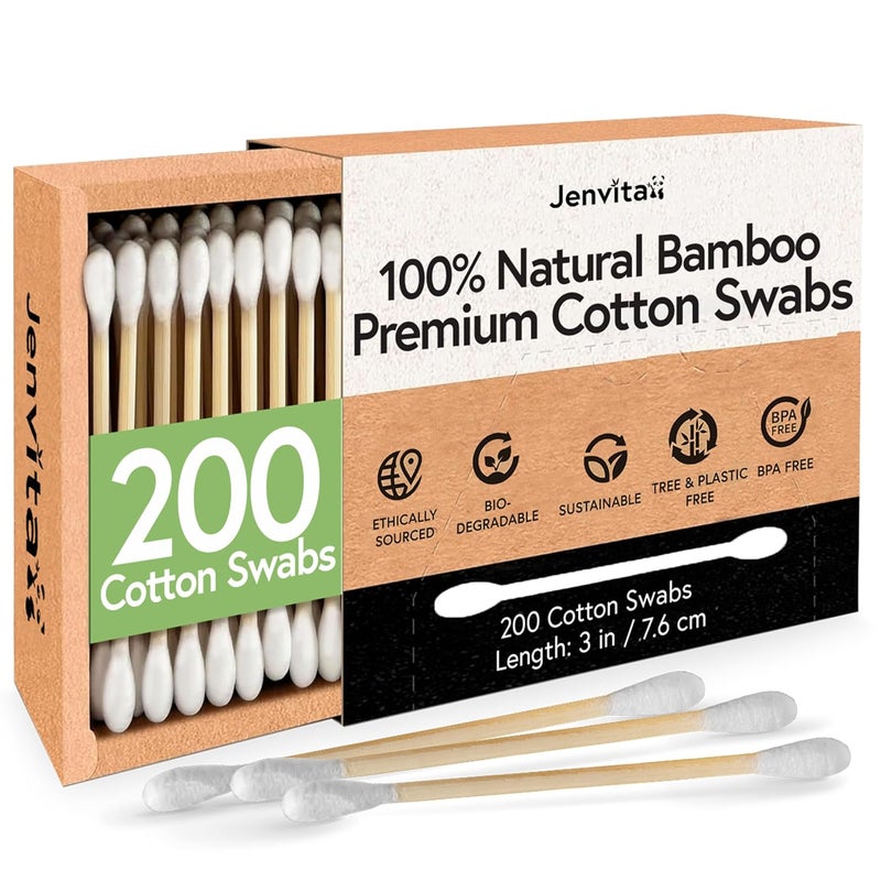 ibambo Jenvita 100% Bamboo Cotton Ear Swabs (200-Pack) | Double Tipped Ear Cotton Buds for Beauty & Personal Care | FSC Certified & Hypoallergenic | Suitable for All Ages & Pets | Biodegradable & Disposable - Image 1